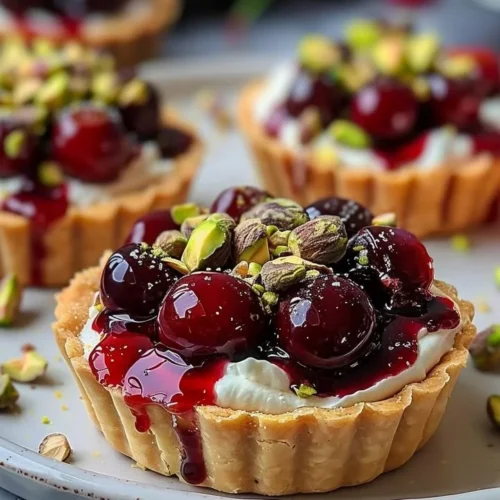 Elegant Cherry Pistachio Tartlets with fresh cherries and pistachio topping