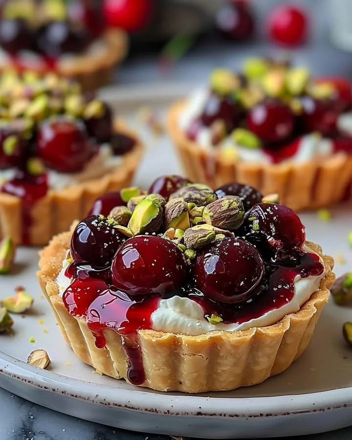 Elegant Cherry Pistachio Tartlets with fresh cherries and pistachio topping