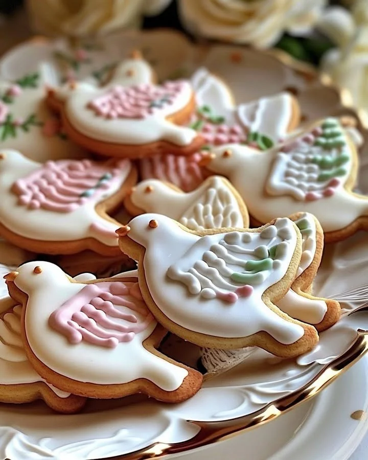 Elegant dove sugar cookies decorated with royal icing for special occasions