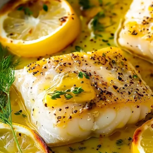 Elegant Lemon-Butter Baked Cod served with lemon slices and fresh herbs