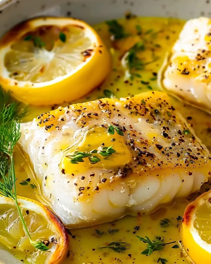 Elegant Lemon-Butter Baked Cod served with lemon slices and fresh herbs