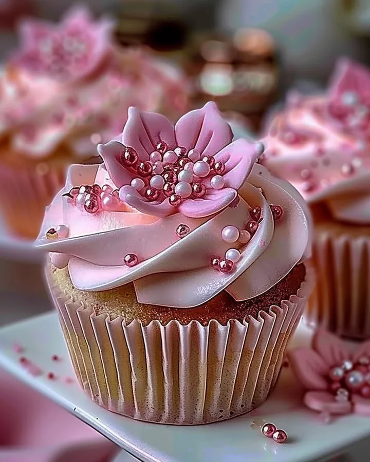 Elegant pink buttercream cupcakes topped with delicate floral designs.