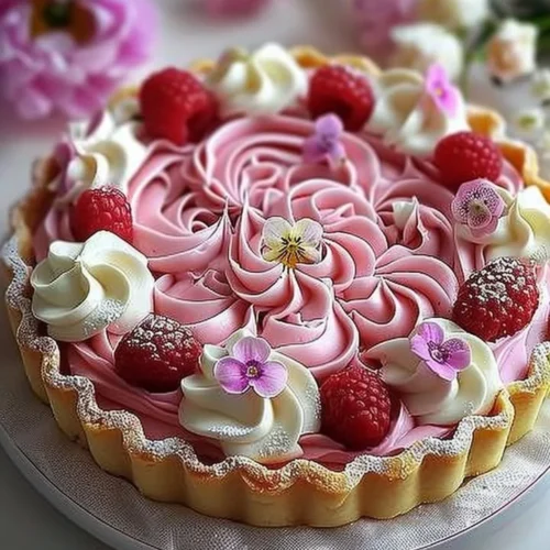 Elegant pink flower tart decorated with lovely edible flowers