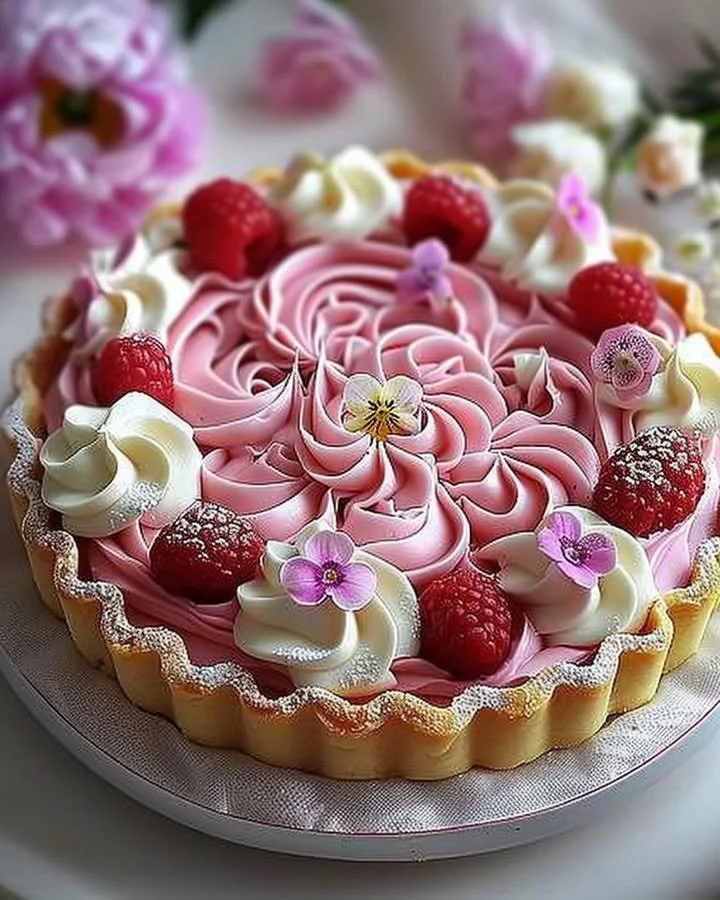 Elegant pink flower tart decorated with lovely edible flowers