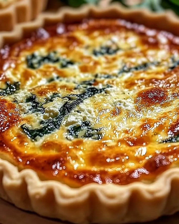 Elegant ricotta and spinach quiche served on a rustic wooden table