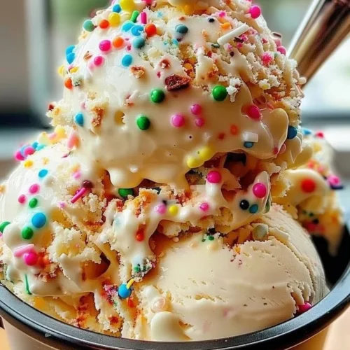 Delicious birthday cake ice cream topped with colorful sprinkles and cake crumbles