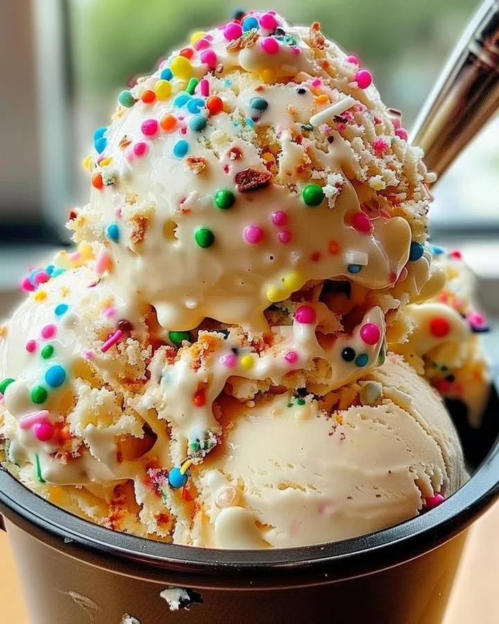 Delicious birthday cake ice cream topped with colorful sprinkles and cake crumbles