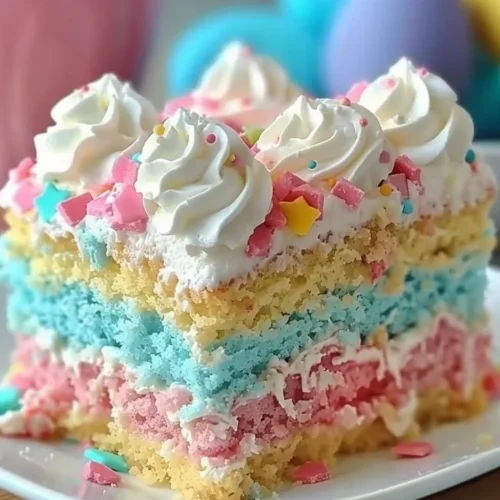 Easter Bunny Poke Cake decorated with creamy frosting and vibrant Easter decorations.