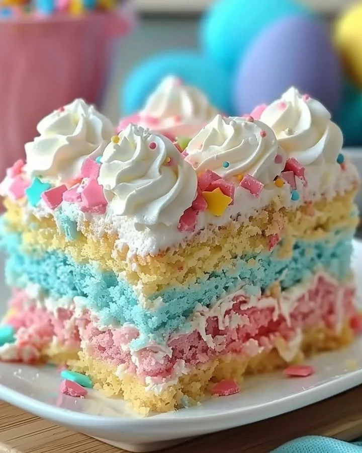 Easter Bunny Poke Cake decorated with creamy frosting and vibrant Easter decorations.