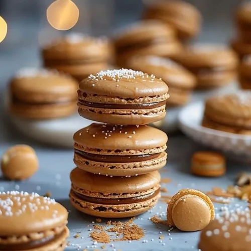 Festive gingerbread macarons drizzled with spiced caramel sauce for the holidays.