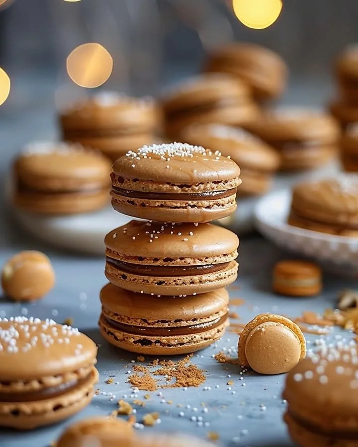 Festive gingerbread macarons drizzled with spiced caramel sauce for the holidays.