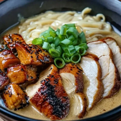 Bowl of Fiery Chicken Ramen topped with creamy garlic sauce and fresh ingredients