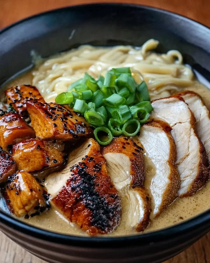 A bowl of fiery chicken ramen topped with creamy garlic sauce and fresh herbs.