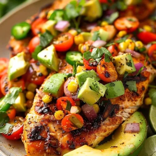 Grilled Fiesta Lime Chicken with Avocado Salsa on a plate