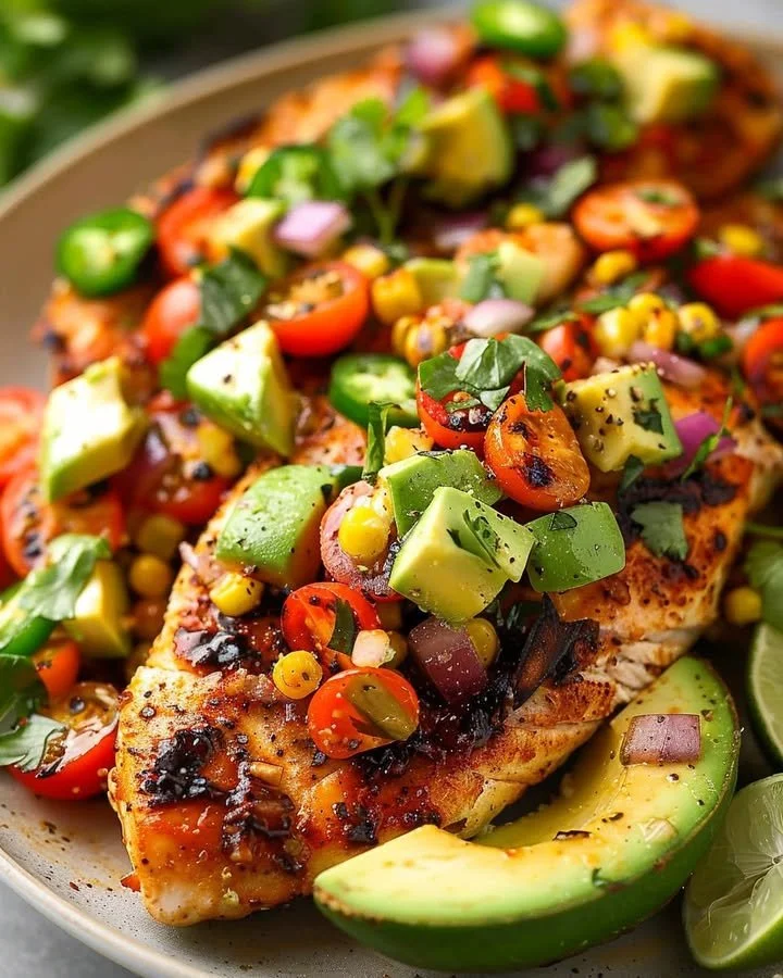 Grilled Fiesta Lime Chicken with Avocado Salsa on a plate