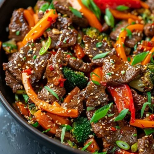 Flavorful beef stir fry with colorful vegetables in a skillet