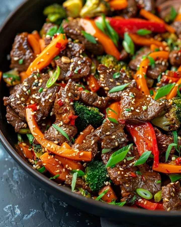 Flavorful beef stir fry with colorful vegetables in a skillet
