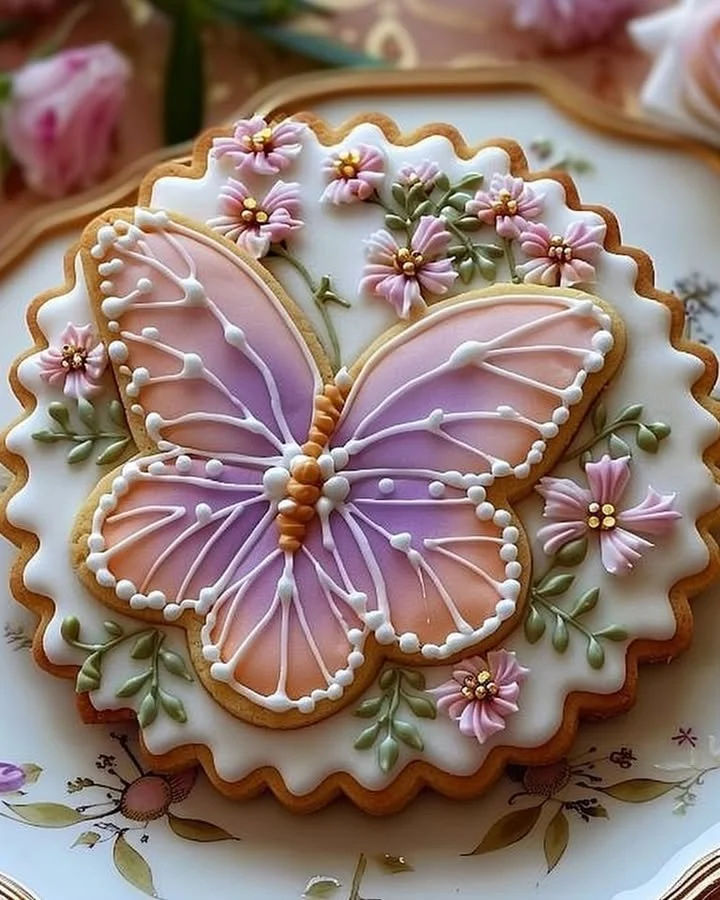 Decorated Floral Butter Cookies with Royal Icing on a plate