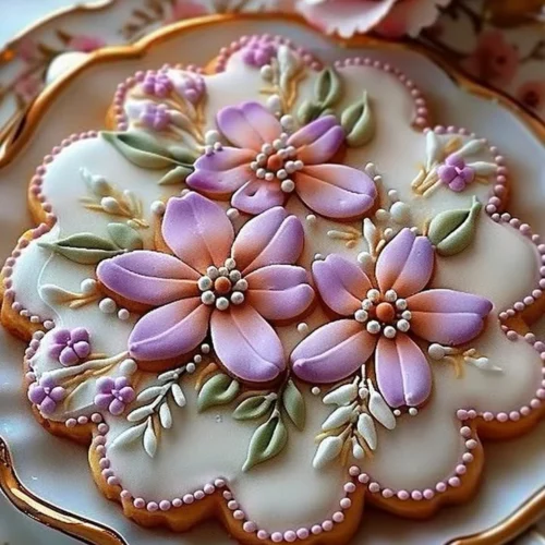 Decorated Floral Butter Cookies with Royal Icing on a plate