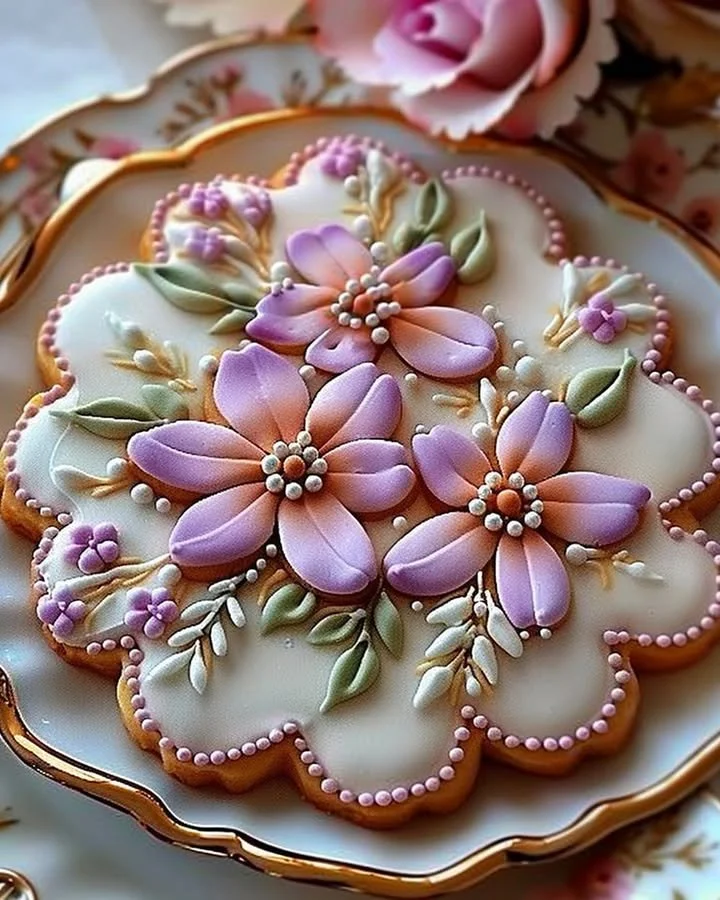 Decorated Floral Butter Cookies with Royal Icing on a plate