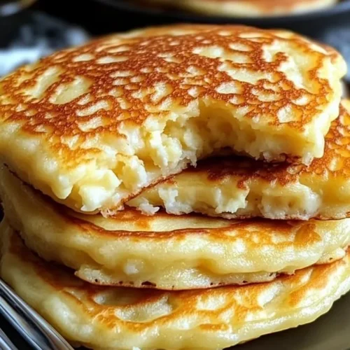 Flourless cottage cheese pancakes stacked on a plate with syrup and berries