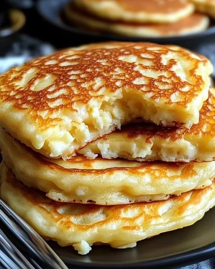 Flourless cottage cheese pancakes stacked on a plate with syrup and berries