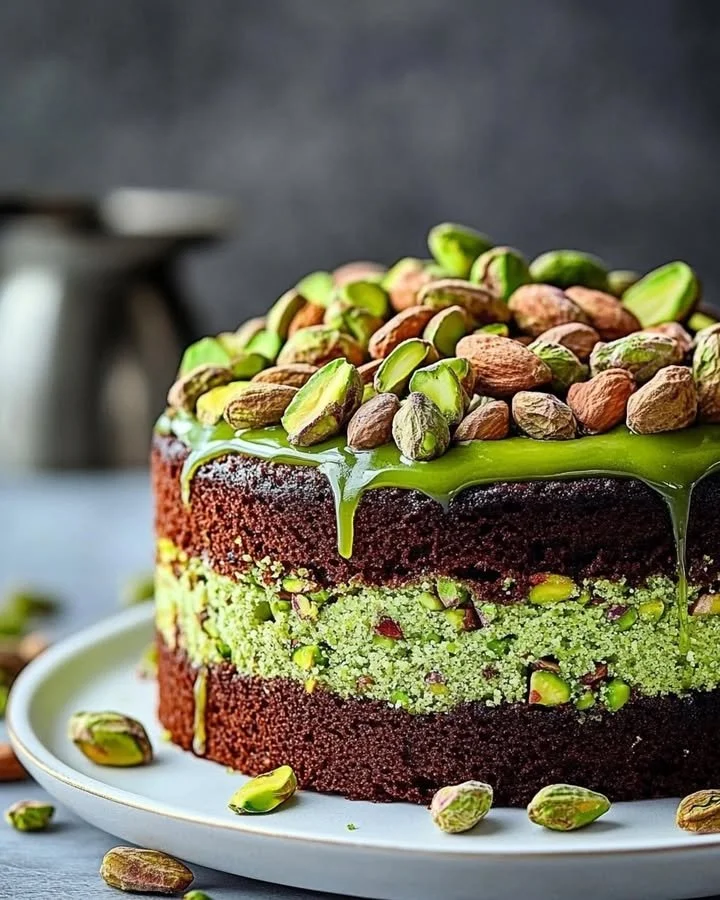 Delicious flourless pistachio cake served on a white plate
