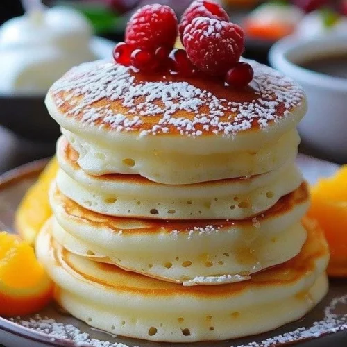 Fluffy Japanese soufflé pancakes stacked with syrup and berries
