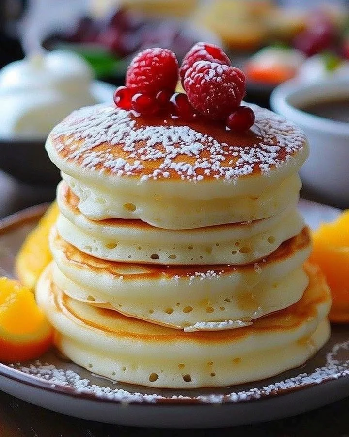 Fluffy Japanese soufflé pancakes stacked with syrup and berries