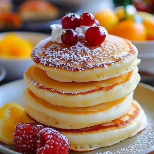 Fluffy Japanese soufflé pancakes stacked high, drizzled with syrup and garnished.