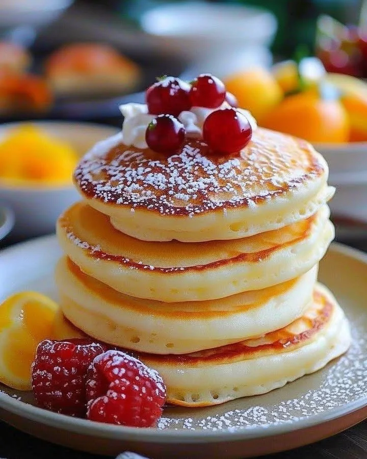 Fluffy Japanese soufflé pancakes stacked high, drizzled with syrup and garnished.
