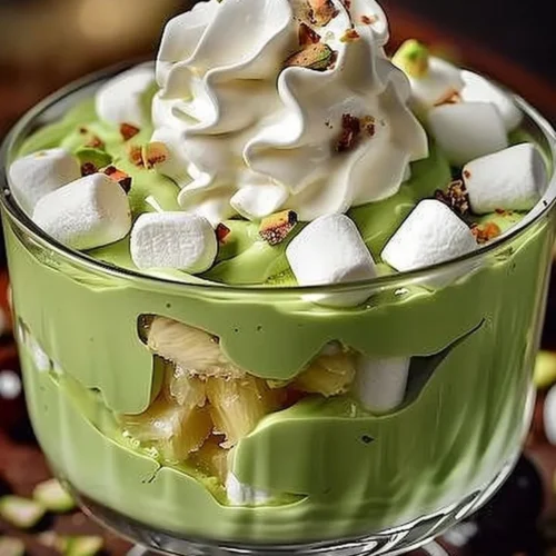 Fluffy pistachio pudding topped with pineapple in a delicious dessert