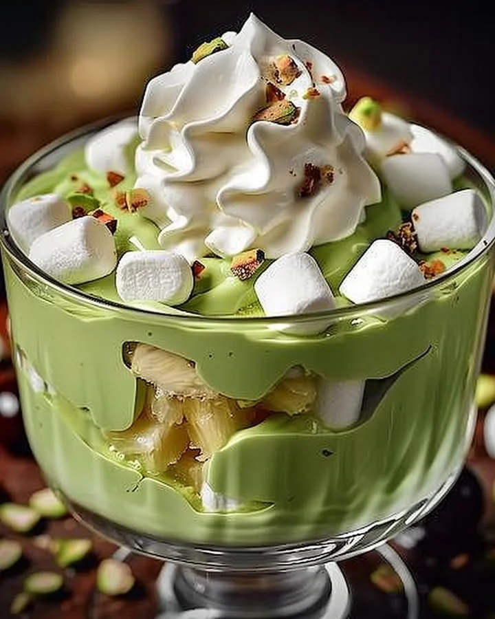 Fluffy pistachio pudding topped with pineapple in a delicious dessert