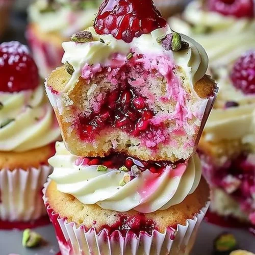 Fluffy raspberry pistachio cupcakes topped with fresh raspberries and pistachios