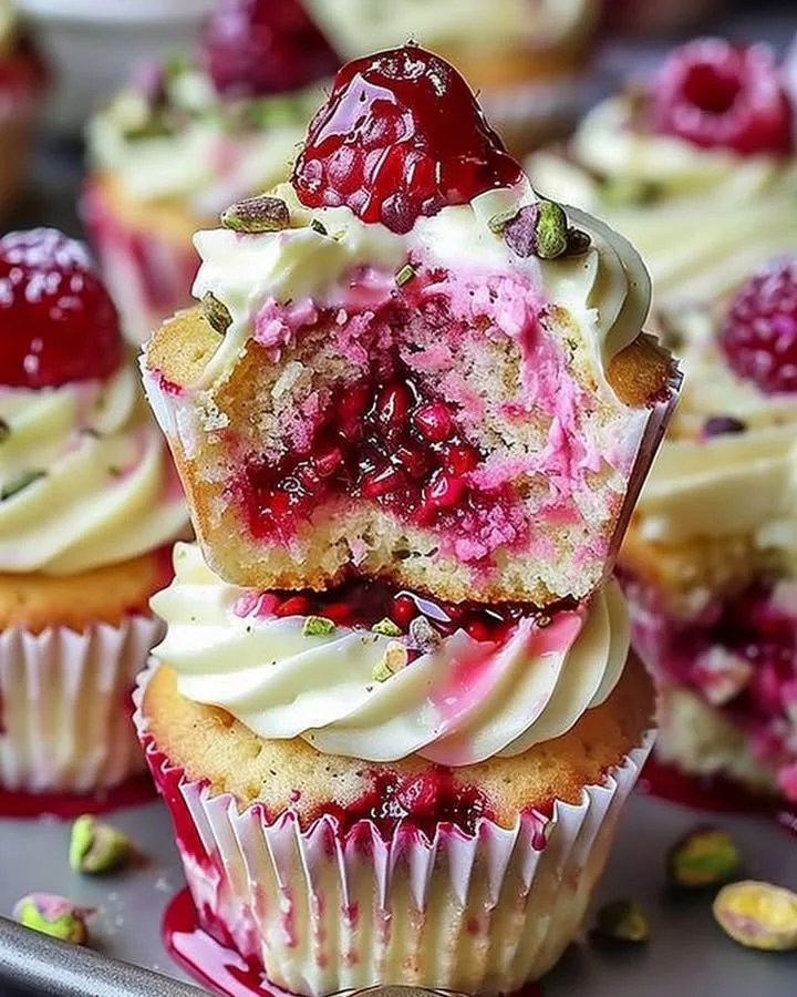 Fluffy raspberry pistachio cupcakes topped with fresh raspberries and pistachios