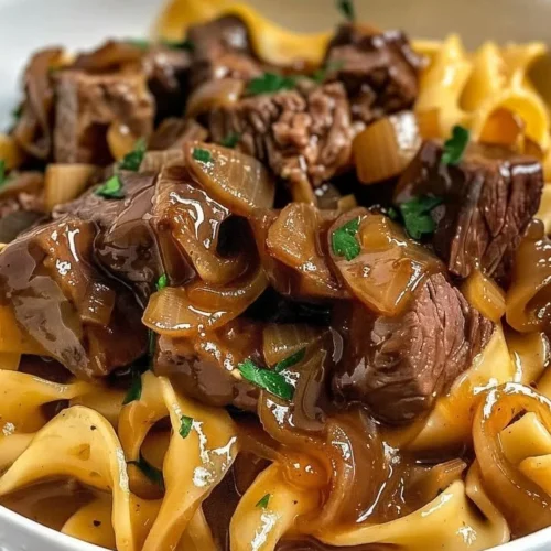 Delicious French onion beef and noodles served in a bowl