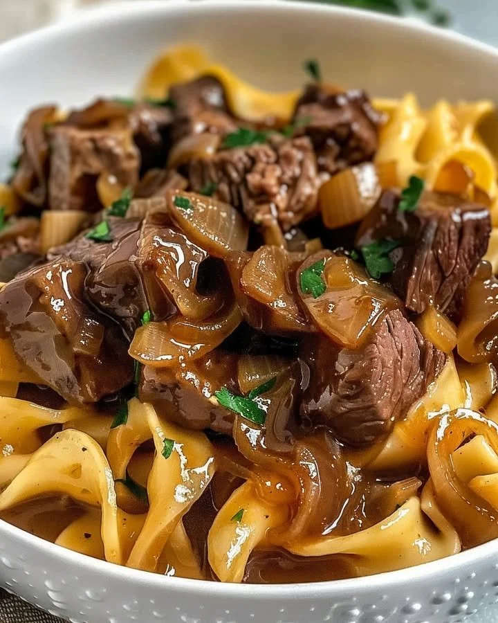 Delicious French onion beef and noodles served in a bowl