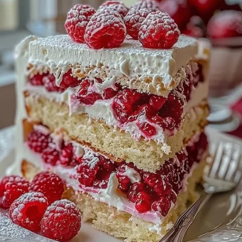 Fresh Raspberry Layer Cake with layers of cake and raspberry filling