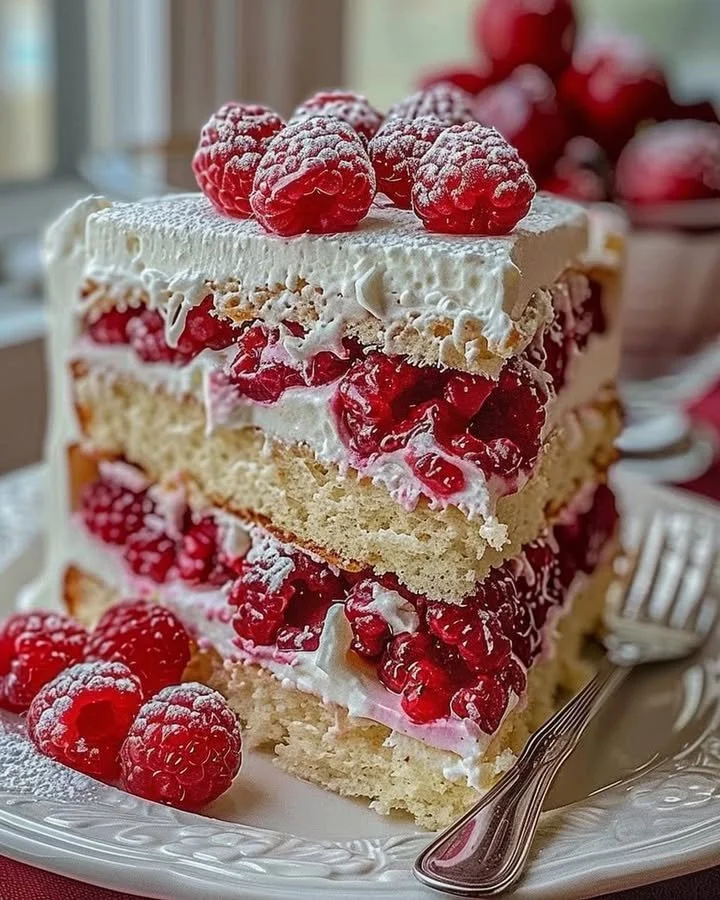 Fresh Raspberry Layer Cake with layers of cake and raspberry filling