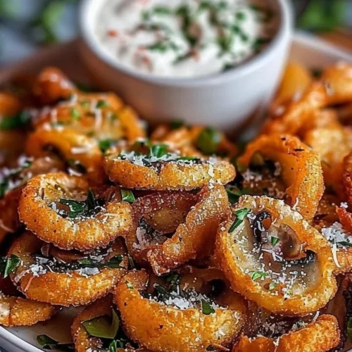 Plate of fried sliced mushrooms served with ranch dressing