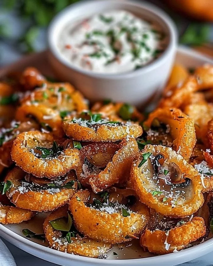 Plate of fried sliced mushrooms served with ranch dressing