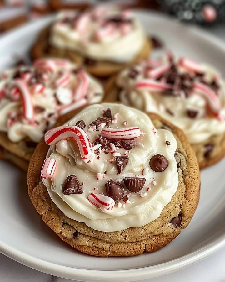 Frosted Peppermint Chocolate Chunk Cookies with a festive holiday design