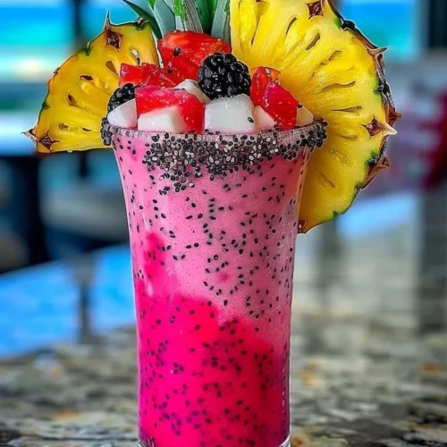 Frozen dragon fruit pina colada in a glass with tropical garnishes