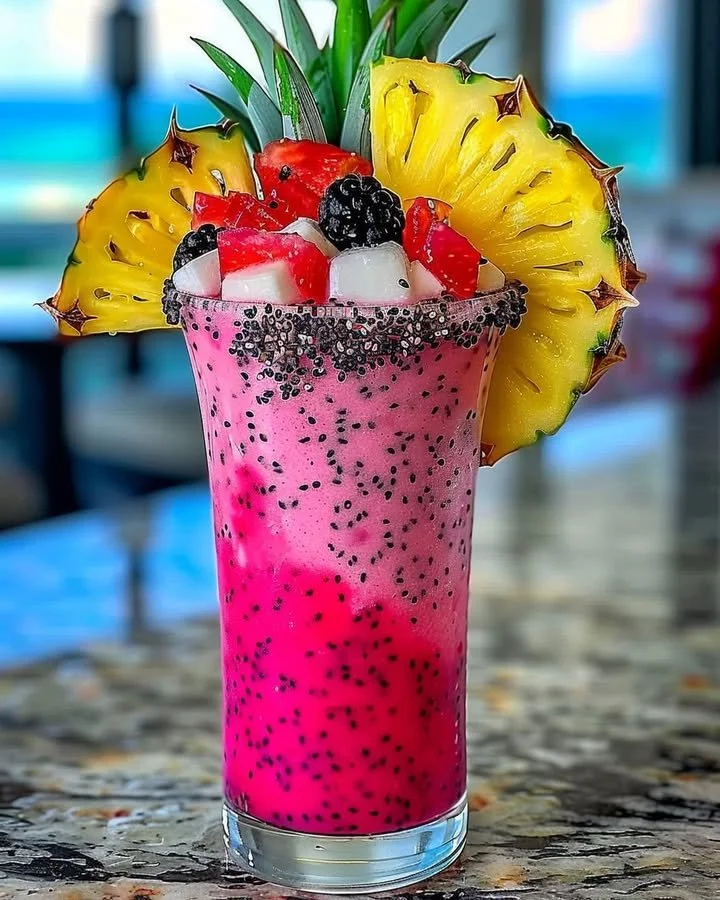Frozen dragon fruit pina colada in a glass with tropical garnishes