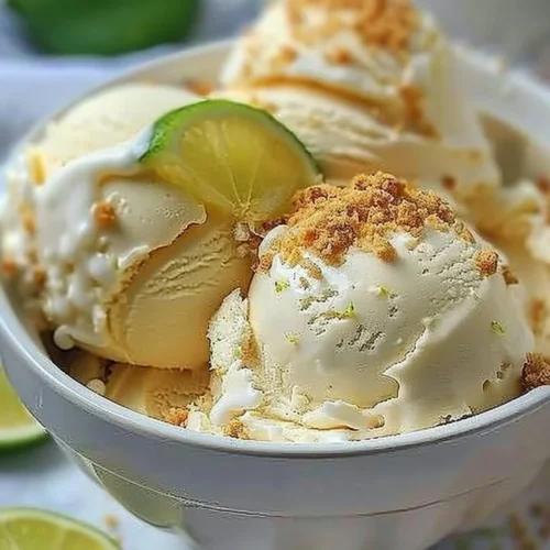 Delicious frozen key lime pie ice cream served in a bowl with lime slices.