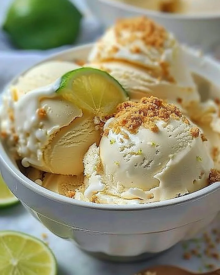 Delicious frozen key lime pie ice cream served in a bowl with lime slices.
