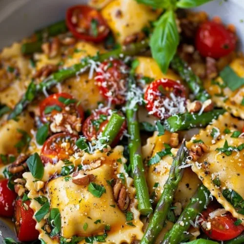 Delicious asparagus tomato ravioli tossed with fresh ingredients