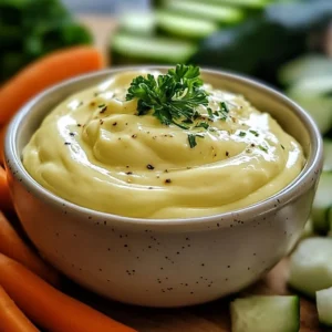 A bowl of creamy Garlic Aioli served with fresh vegetables and bread.