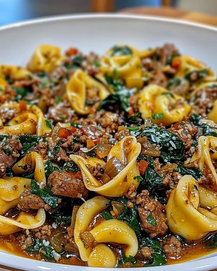 Delicious Garlic Butter Beef Tortellini with Spinach in a white bowl