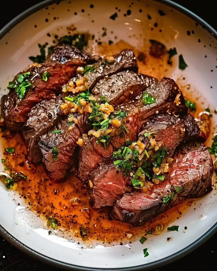 Delicious Garlic Butter Brazilian Steak served with herbs and spices
